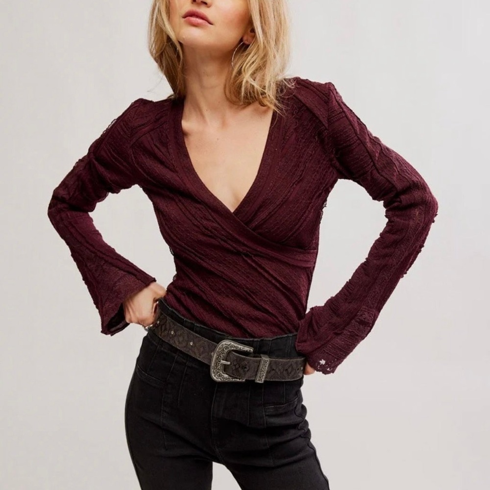 Free People Red Wrap Fitted Blouse